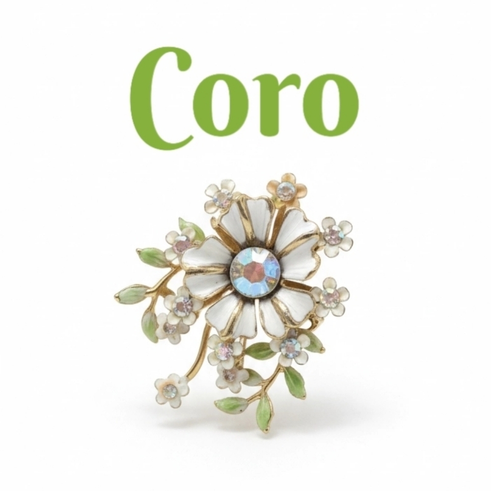 Vintage Coro White Enamal & Rhinestone Flower Bouquet Brooch Pin